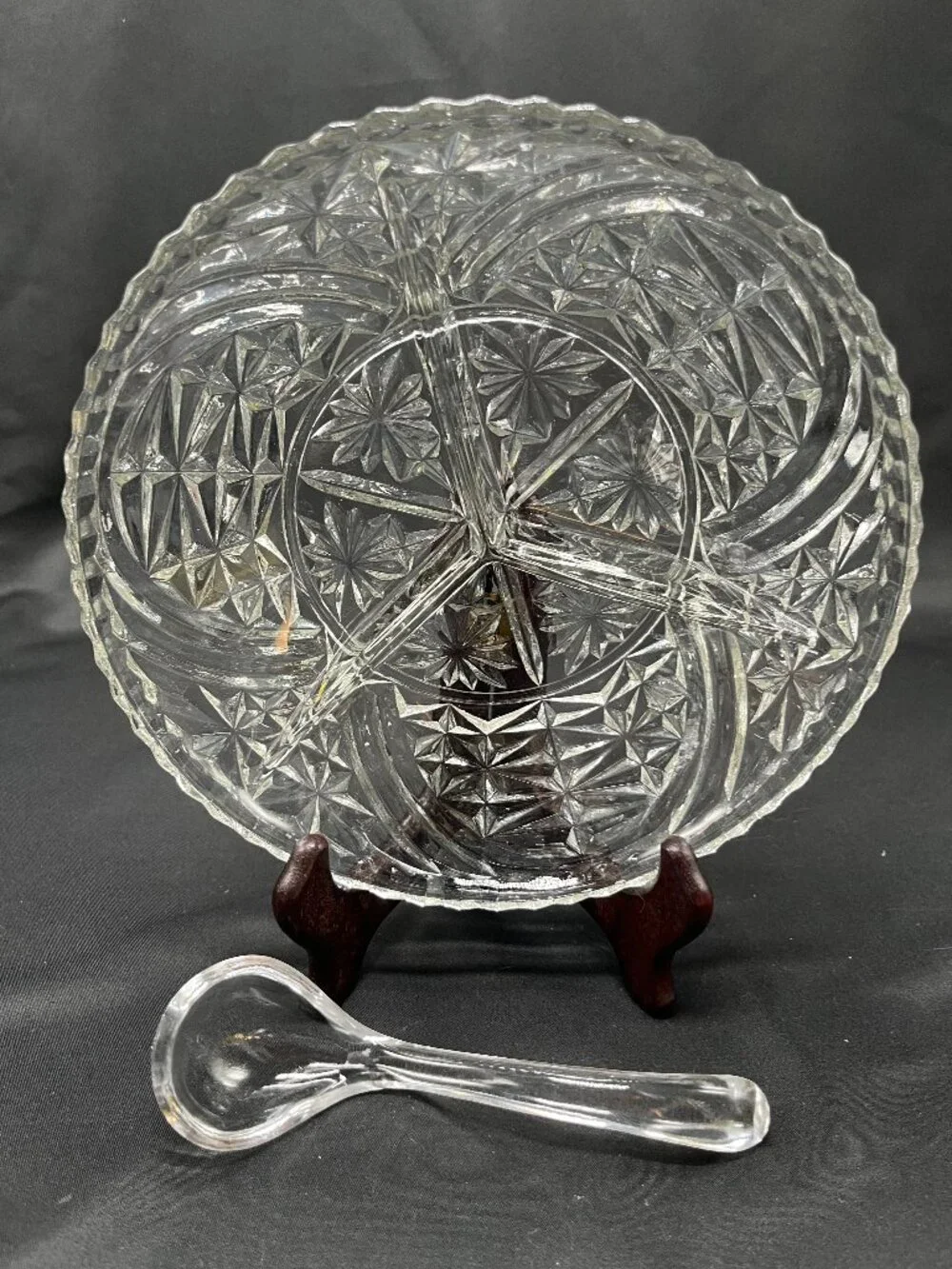 Vtg Anchor Hocking Clear Pressed Glass Divided Dish in “Stars and Bars